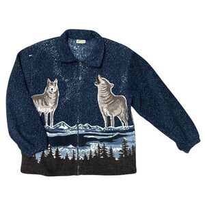 Vintage 90’s Wolf Fleece Jacket Full Zip AOP Wildlife Scenic Sz M/L? Unisex